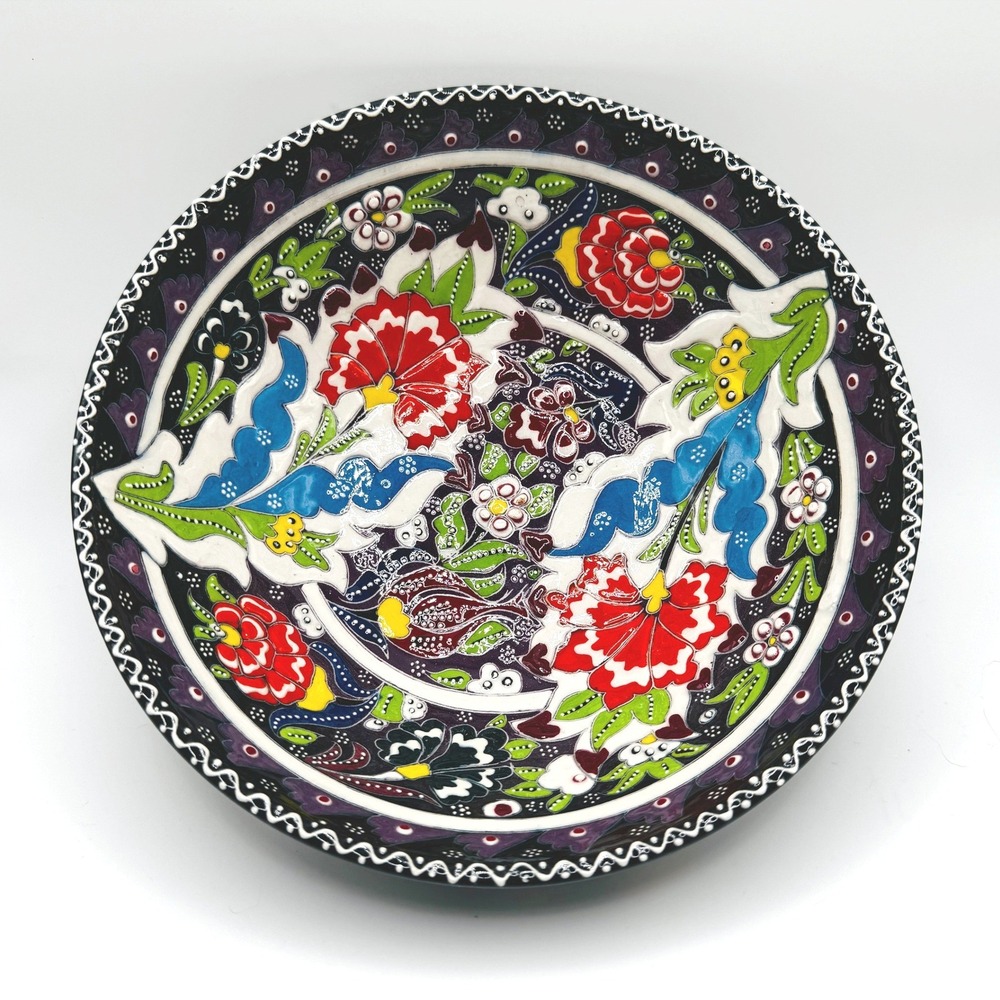 Vtg. Hand Painted Turkey Ceramic Bowl 8" Raised Floral Paint Purple Black Ombre